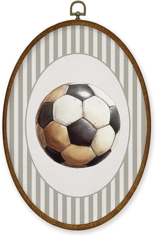 WULQYING Soccer Sports Nursery Wall Art Decor, Boys Room Oval Framed Canvas Art Prints, Neutral Striped Sport Lover Gift Wall Hanging Decor for Kids Nursery Room Playroom, 8.5x11.3 Inches