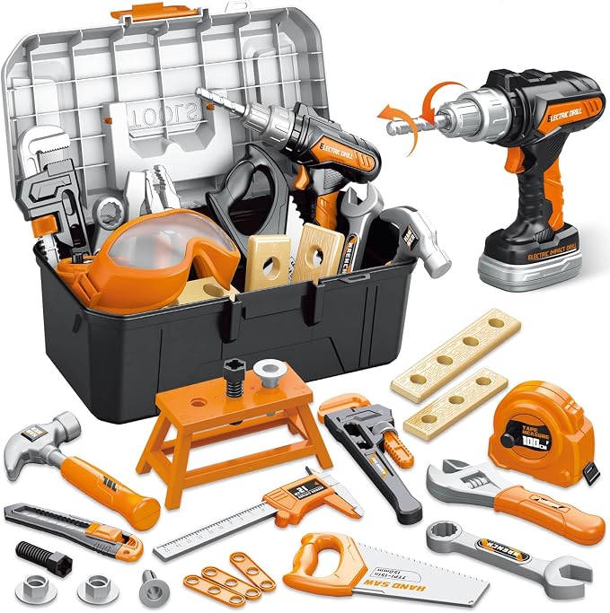 OCHIDO 46PCS Kids Tool Set with Portable Tool Box & Electronic Toy Drill, Toddler Tool Set,Tool Play Toys Construction Tools for Kids, Christmas & Birthday Gifts for Boys Ages 3 4 5 6