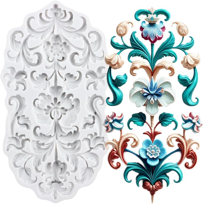 Baroque Polymer Clay Mold Curlicues Scroll Lace Silicone Molds Embossed Flower Mold for DIY Craft Epoxy Resin Casting Polymer Clay Tools Crafts Air Dry Jewelry Making