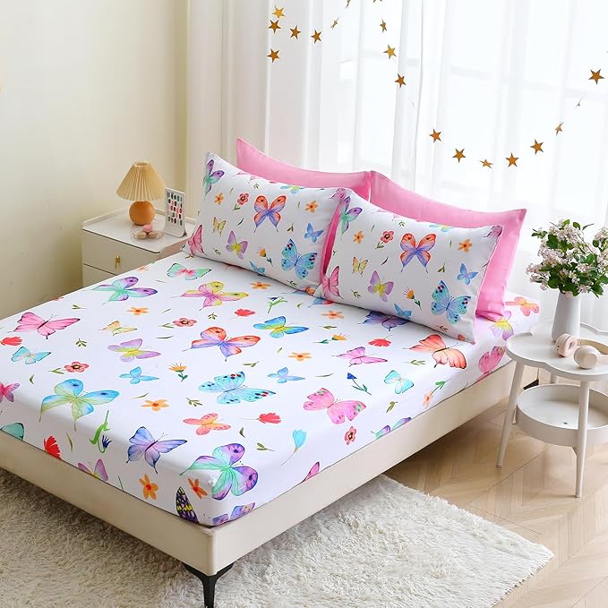 Wajade 7 Piece Butterfly Comforter Set for Girls Kids Cute Colorful Butterfly Flowers Floral Bedding Set Full Size with Sheet and 2 Pillowcases 2 Pillow Shams Bed in a Bag as Birthday Choice