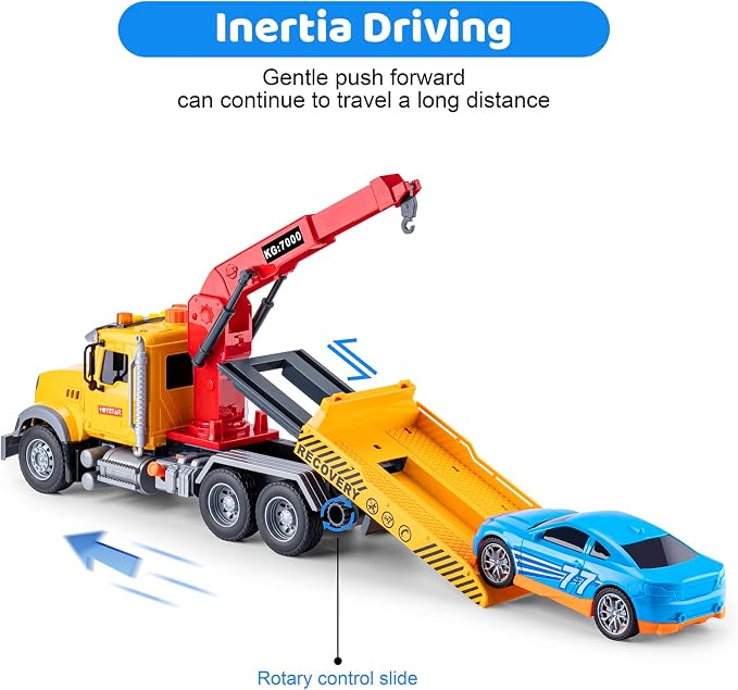 haomsj Big Tow Truck Toy with Car for 3+ Year Old Boys Friction Power Crane Transport Truck with Light Sound Toy Truck for Kids Ages 3-7 Birthday Toys for Boys (1:18 Plastic Tow Truck)