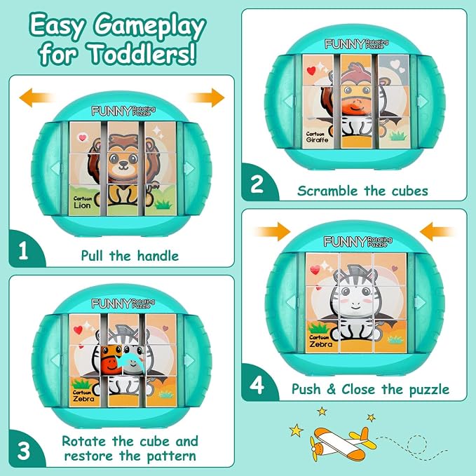 Rotating Puzzle for Kids 3 4 5 6 7 8 Year Old, 4 Puzzles in 1, Toddlers Travel, Car, Airplane, Road Trip Activities, Fine Motor Skills, Fidget, Gift for Boys & Girls Ages 3+(Animals