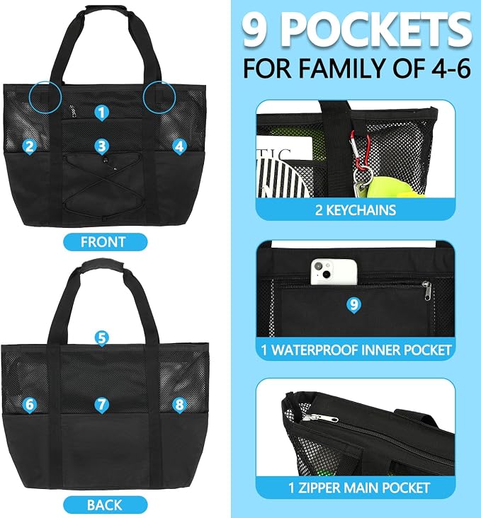 Fammart Mesh Beach Bag for Women, Large Beach Toy Pool Bag with Zipper Pocket, SandProof Cruise Essentials 2026 Family Travel