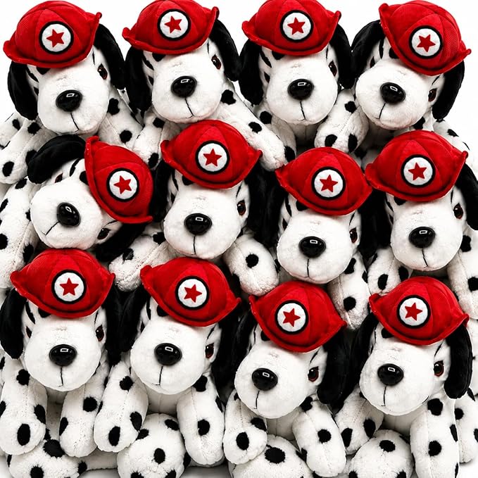 4E's Novelty 12 Pack Dalmatians Stuffed Animals - Soft Stuffed Dog Plush, 6” Small Puppy Plush with Fire Hat, Dog Toy for Kids, Birthday Party Favors