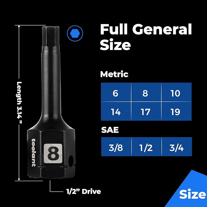 toolant 1/2" drive 6mm impact hex bit socket set 2PCS,Hex Drive, S2 Steel Air Drive Allen Socket set,Impact Grade，Anti-Roll Design