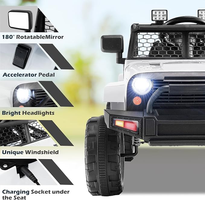 Costzon Ride on Car, 12V Battery Powered Truck Vehicle with Remote Control, Spring Suspension, Headlights, Music, Horn, MP3, USB & Aux Port, Gift for Boys Girls, Electric Car for Kids (White)
