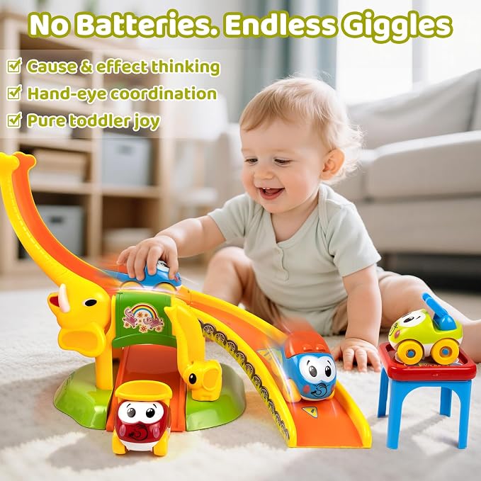 Marstone Toddler Toys for 1 2 Year Old Boys and Girls Gifts: Educational Elephant Slide with 4 Animal Car Toys for Baby 12-18 Months, First Birthday Gifts for Kids, Learning Push Race Tracks Age 1-2
