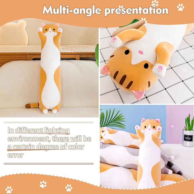 Long Cat Plush Pillow, 35.4in Cute Cat Plushie Stuffed Animals Body Pillow, Yellow Kawaii Kitten Soft Plushie Doll Toy Birthday Gift for Children Girlfriend