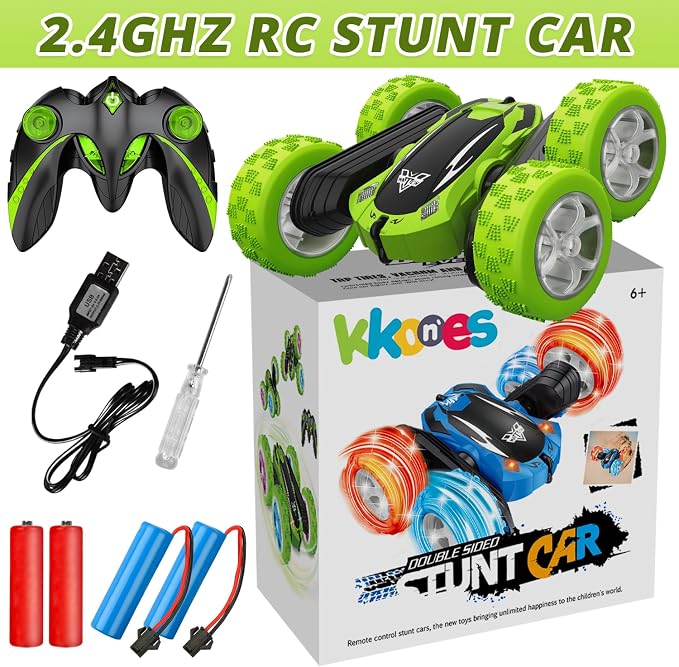 KKONES Remote Control Car, 2.4GHz Electric Race Stunt Car, Double Sided 360° Rolling Rotating Rotation, LED Headlights RC 4WD High Speed Off Road Gift for 3 4 5 6 7 8-12 Year Old Boy Toys (Green)