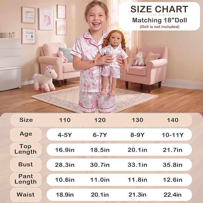 FIOBEE Girls Satin Pajamas Doll Matching Clothes, Stain Button Down Pjs Set Fits 18 Inch Dolls Soft Silky Toddler Kids Sleepwear White Floral