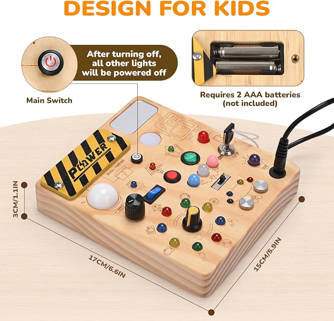 Busy Board for Toddlers 1-3 - Montessori Toys for 1 2 3 Year Old, Wooden Toy Sensory Activity Board with 12 Activities & 22 Lights, Educational Travel Toys for 1+ Year Old Boy & Girl Birthday Gift