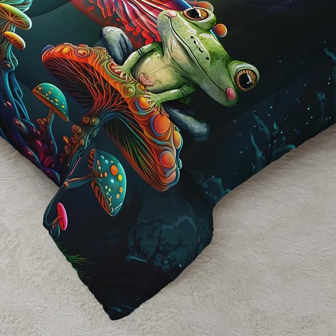 AILONEN Frog Comforter Set Twin Size,Fantasy Magic Mushroom Frog Kids Bedding Set for Boys Girls,Green Wild Animals Duvet Set 3 Pieces, 1 Quilt and 2 Pillowcases, All Season