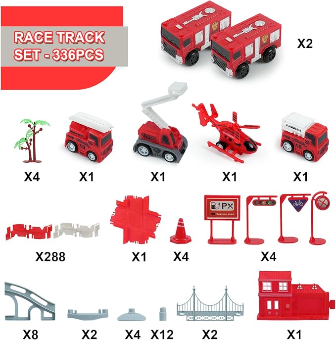 GIAT Race Car Track Toy for Kids - Birthday Gift for Boys Ages 3 4 5 6 7 Year Old, Flexible DIY Playset with Helicopter and Fire Truck, 330+ PCS Interactive Set