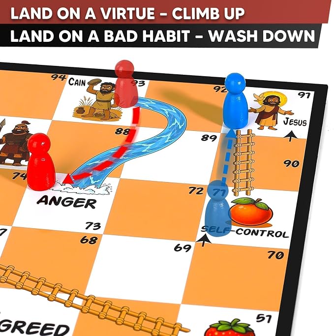 Garybank Bible River and Ladders Board Game for Kids, Fruit of the Spirit Games with Christian Virtue Story Cards, Bible Study Supplies for Sunday School, Youth Group & Family, Christmas & Easter Gift