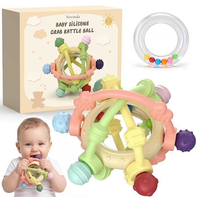 Baby Rattle Ball Sensory Toys - Silicone Baby Teether Teething Toys Over 3 Months - BPA Free Newborn Infant Toddler Toys Baby Shower Gifts