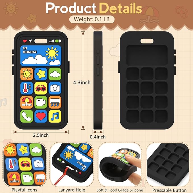 Baby Teething Toys Silicone Baby Phone Teether Over 3 Months - Sensory Chew Toys Baby Teether for Teething Relief - BPA Free Infant Toys Baby Shower Gifts (1, Black)