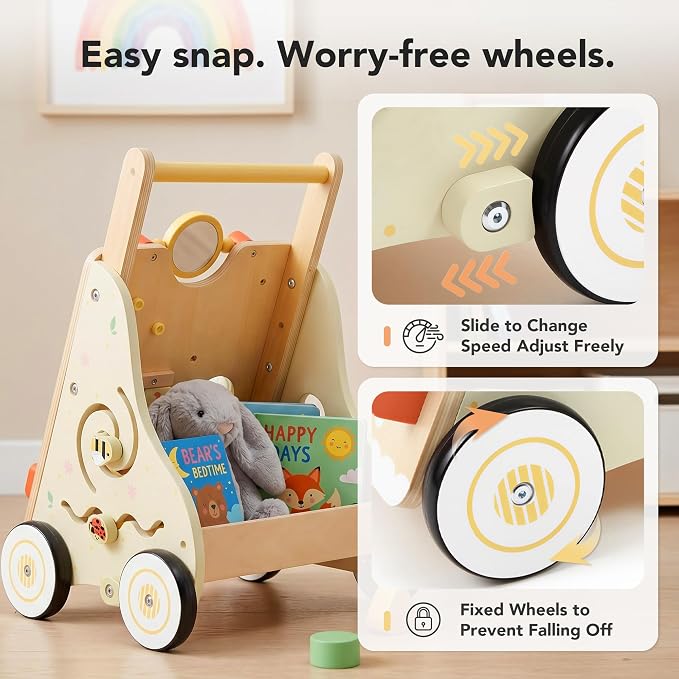 Wooden Baby Push Walker with 9-in-1 Activity Center for Boy Girl 1Y+ | Push Walker with Wheels for Toddler Infant Learn to Walk & Sit-to-Stand, First Birthday Toy Gift for 1-3 Year Old