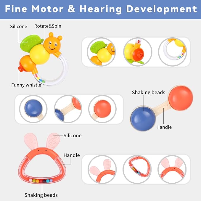 MOONTOY 9pcs Baby Rattles Infant Teething Toys Teethers Sensory Toys for Babies 3-6 Months 6-12 Months Boy Girl Gifts
