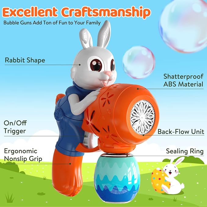 IFLOVE 2-Pack Rabbit Bubble Machine for Kids, Automatic Bubble Gun Ages 3-8 | Bunny & Easter egg design, 12 outlets blow 5,000+ bubbles; 10 solution packs; summer outdoor toy; needs 4 AA batteries