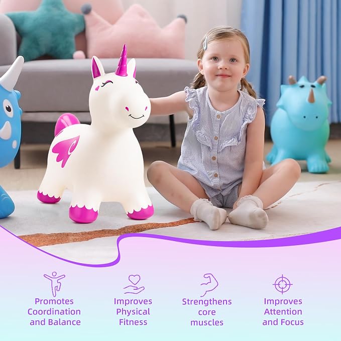 Bouncy Unicorn Hopping Toys for Kids, Inflatable Bouncing Animal Hopper, Outdoor Indoor Ride On Horse Bouncer, Boys Girls Birthday Gift for 18 Months 2 3 4 5 6 Years Old Toddler