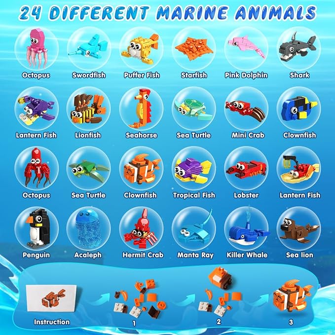 HOGOKIDS 24 Pack Party Favors for Kids Building Set - 629PCS Mini Marine Animals Blocks Toy for Easter Valentines Day Goodie Bag Stuffers Classroom Prizes Gifts fo Kids Boy Girl Student Ages 6-12