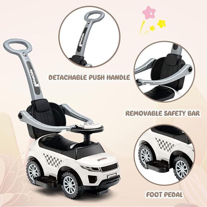 OLAKIDS 4 in 1 Ride on Push Car, Toddlers Stroller Sliding Walking Toy with Horn, Music, Lights, Removable Guardrails Handle, Underneath Storage, Foot-to-Floor Walker for Boys Girls (Ivory White)