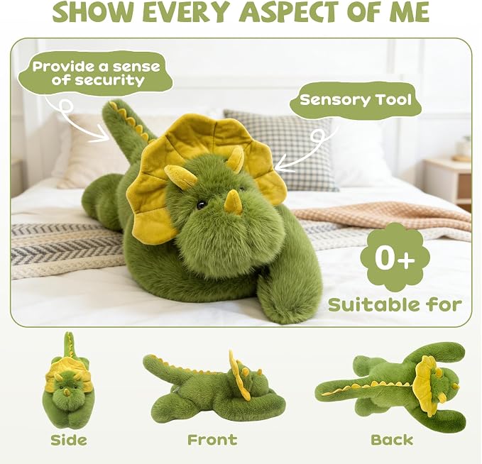 Green Triceratops Stuffed Animal 17INCH 0.93IB | Huggable Dinosaur Stuffed Animal, Cute Stuffed Dino Plush Pillow, Medium Stuffy, Soft Plushies Birthday Gift for Kids Girls