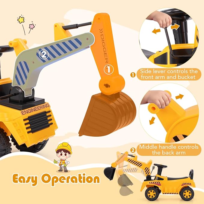 Costzon Ride On Excavator, Kids Construction Digger Truck, Ride on Push Car for Toddlers w/Working Shovel, Engine Sound, Under-seat Storage, Anti-Rollover Device, Sliding Car Vehicle Toy(Excavator)