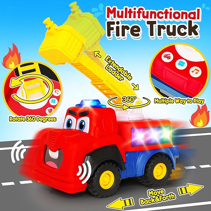 Interactive Talking Fire Truck Toy for Toddlers 1-3, Musical Toy with Realistic Sirens & Sounds & Lights, Recording Repeating Learning Toy, Car Toddler Toys for 2 Year Old Boy Girl Birthday Gifts