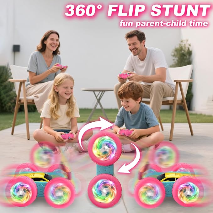 Remote Control Car, RC Cars for Girls, Double-Sided 4WD Stunt Car with RGB Lights & 360° Flips, USB-C Modular Batteries, Toys for Ages 5–7, Birthday Gift for 6+ Year Old Girl, Yellow-Pink