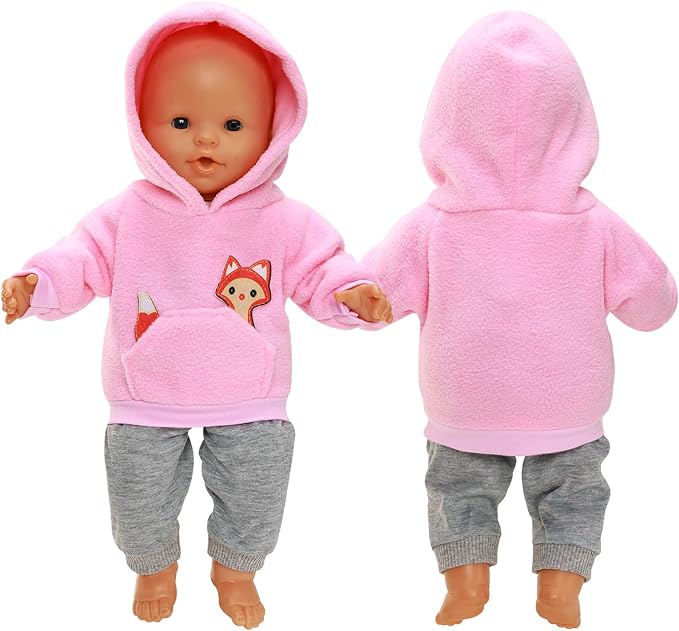 2 Pieces of Baby Doll Clothes for 14-16 Inch Born Baby Doll 1 Pink Hooded Sweatshirt with Grey Sweatpants Cute Outfit for 18 Inch Baby Dolls Clothing Set