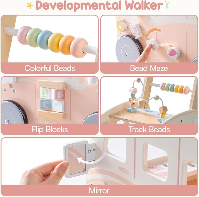 ROBOTIME Wooden Baby Walker, Baby Push Walker, Activity Center Toys, Ajustable Speed Multi-Functional Baby Walker with Wheels for Babies Learning to Walk (Pink)