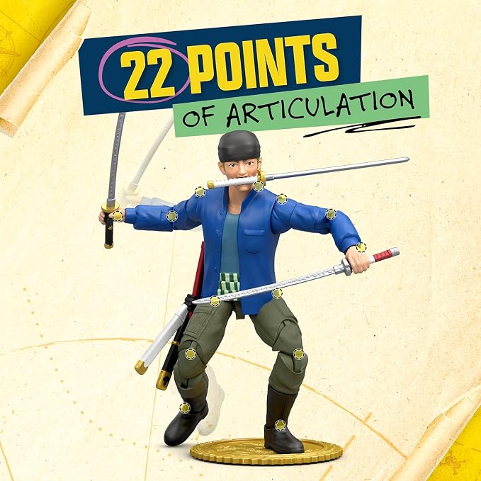 One Piece Zoro 6" (15.24cm) Action Figure with 5 Accessories. Includes Swappable Swords, Sword Holder, Swappable Face, and Berry Coin Display Base