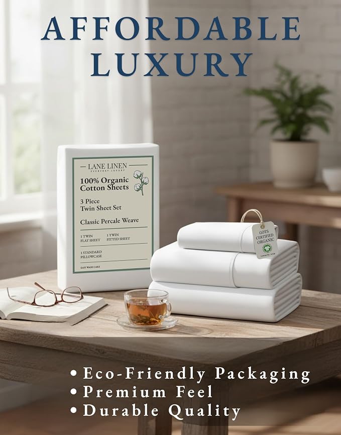 LANE LINEN 100% Organic Cotton Twin Sheets Set, 3Pc Twin Bed Sheets, Soft & Comfy Breathable Cotton Percale Sheets for Twin Size Bed, Dorm Room Essentials Low Pill Fade Resistant White Sheets | Twin Sheet Set, GOTS Certified Organic Cotton Percale - Fo...