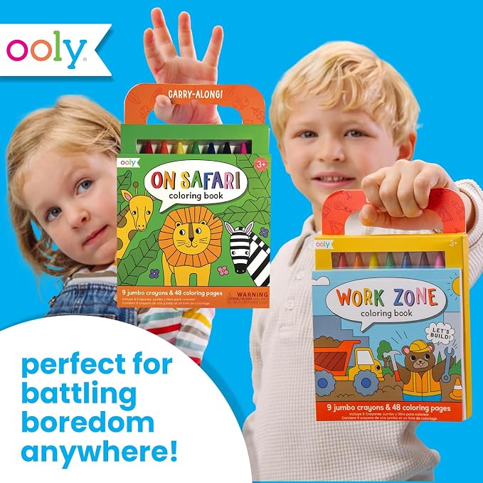 Ooly Kids Travel Activity Kit – 9 Jumbo Crayons & 48 Coloring Pages, Car Crafts for Kids, Mess-Free Road Trip Art Set, Airplane Activities – Safari