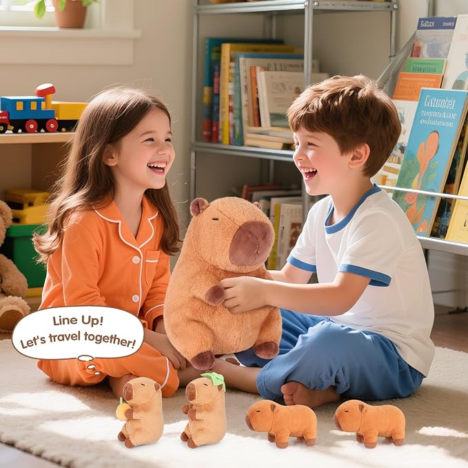 SuzziPals 5-in-1 Sitting Capybara Stuffed Animals with Babies Inside, 5PCS Set Capybara Plush with Mommy & 4 Babie, Soft Pillow Decor, Cute 3 to 8 Year Old Girl Gifts, Imaginative Play Toy(Capibara)