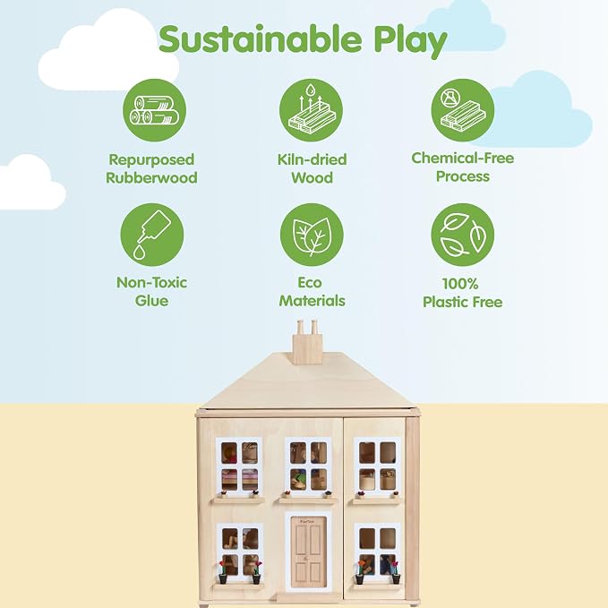 PlanToys® Wooden Georgian Dollhouse | 2-Storey House with Opening Door & Front Panels, Chimney & Staircases | Montessori Pretend Play House Compatible with 1:12 Scale Furniture & Wooden Dolls