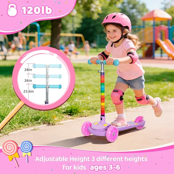 Nattork 3-Wheel Toddler Kick Scooter for Kids Girls Boys – Adjustable Height Scooter with Light-Up Wheels, Anti-Slip Deck, Lean-to-Steer Design for Ages 2-8