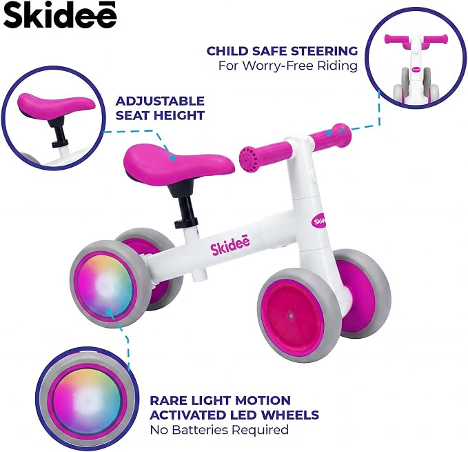 SKIDEE Toddler Balance Bike 1-3, 4-Wheel Balance Bike with Rare Light-Motion-Activated LED Wheels, Adjustable Height & Child Safe Steering, Lightweight Ride-On Toy Training Bike for Boys & Girls