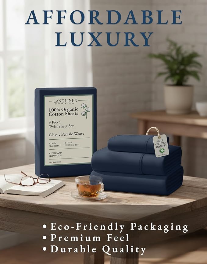 LANE LINEN Twin Sheet Set 100% Organic Cotton Cooling Soft 3pc - Navy | Twin Sheet Set, 100% Organic Cotton Percale - Great For Gifting, Easy-Care Machine Washable, Breathable For Year-Round Sleep