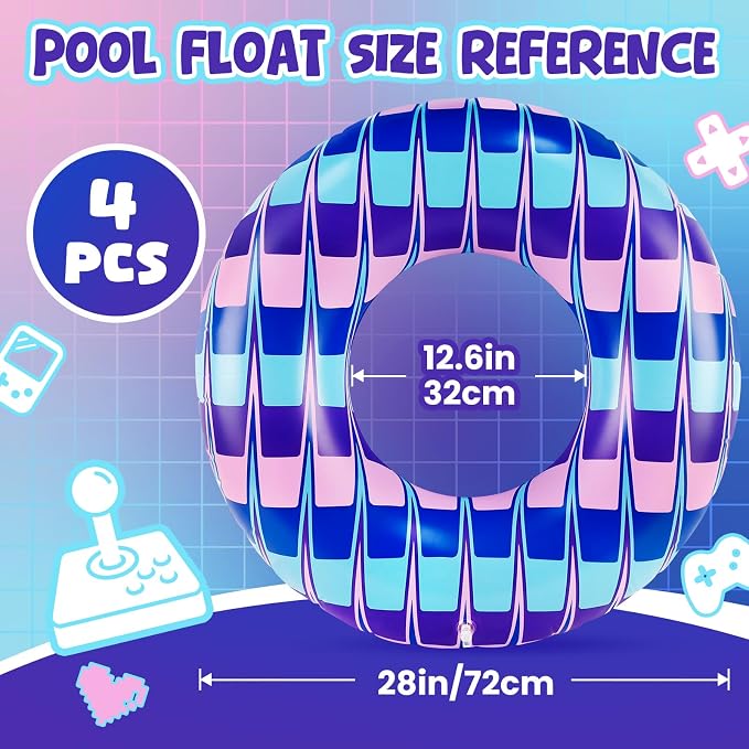 4 Pcs Video Game Party Pool Floats - 28 Inch Color Themed Kids Swim Rings (Ages 10-15), Inflatable Pool Toys for Hawaiian, Beach, Water Park