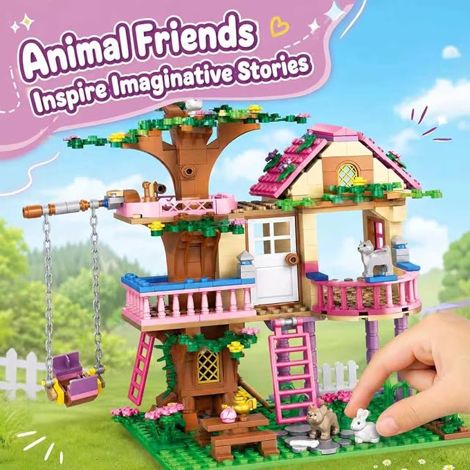 CSNRHG Dream Tree House Friends Building Set, Tree House Building Set Acrylic Protective Cover, Friendship Tree House with Swing Animals Flowers, 504 Pieces