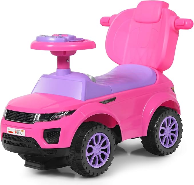 Costzon 3 in 1 Ride on Push Car, Stroller Sliding Walking Car with Horn, Music, Light, Under Seat Storage, Parental Handle, Armrest Guardrails, Ride on Toy for Boys & Girls (Pink)
