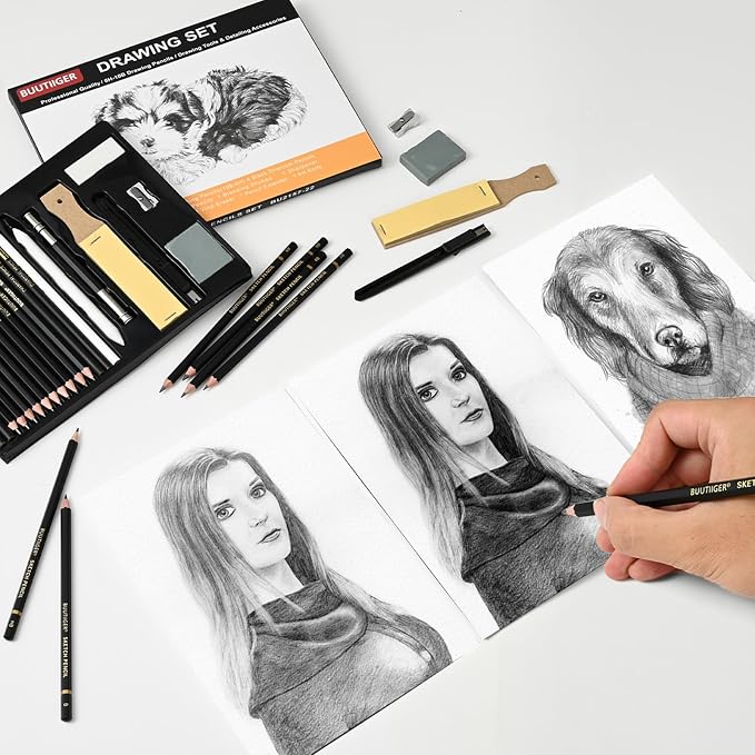Drawing Sketch Pencil Set of 22 - Graphite Pencils (6H-10B), Black & White Charcoal Pencils, Art Pencil Kit for Sketching, Shading & Blending - Ideal for Artists, Adults, Teens, Beginners