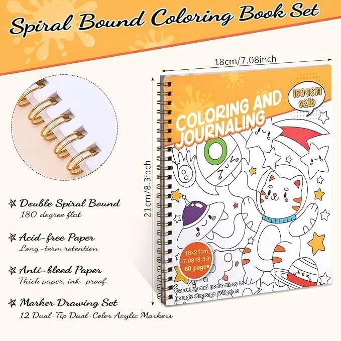 Prudiut Coloring Book Set with 24-Color Acrylic Markers & Stickers, Ages 14+ Travel Sketch Book, 60 Pages 150gsm Thick Paper (7x8.3in) Spiral Bound Art Supplies