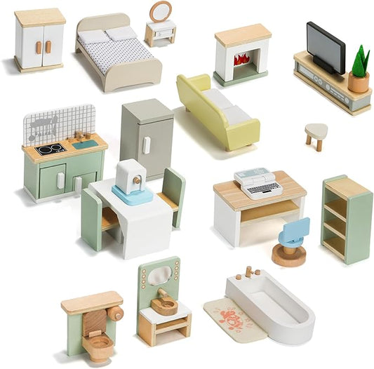23PCS Wooden Dollhouse Furniture Set for 5 Rooms, Miniature Doll House Accessories & Furniture Toys for Toddlers, Indoor Scenes Pretend Play Toy for Kids 3+