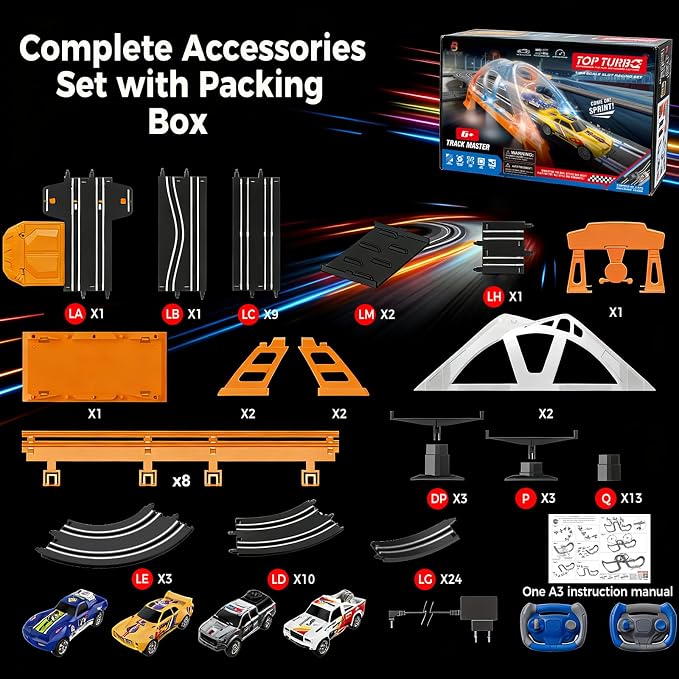 Electric Slot Car Race Track Sets with 4 High-Speed Racing Slot Cars Dual Racing Game with 2 Controllers Circular Overpass Track Featuring Flash Bridge Pendulum Gifts Toys for Boys Kids Age 6 7 8-12