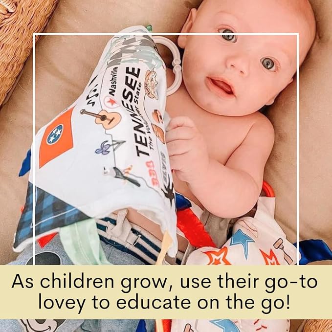 Baby Jack & Co 8x8” Learning Lovey Tennessee State Tag Stroller Toy for Babies - Crinkle Toys for Developing Five Senses - Learn About Capitals - Travel with Baby Jack - BPA Free Clip