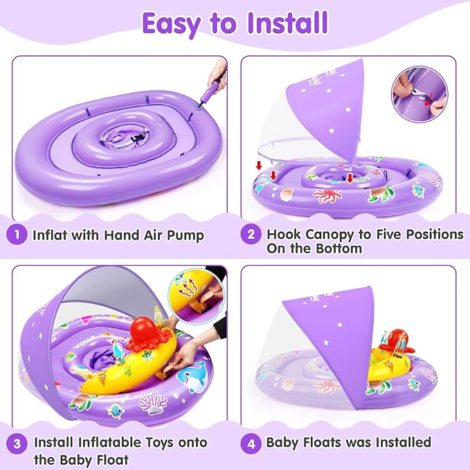 EZIGO Baby Pool Float with Canopy UPF50+ Sun Protection, Inflatable Kids Pool Floats with Ocean Animal Toys for Baby 6-36 Months, Infant Swimming Float with Adjustable Safety Seat for Boys Girls
