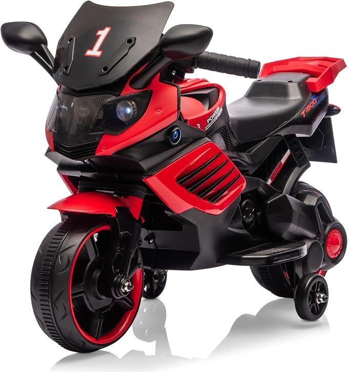 Kids Ride On Motorcycle, 6V Battery Powered Electric Motorcycle, w/Treaded Tires, Horn, Working Headlight, Music, Training Wheels, Stable Ride On Toys for Kids Toddler Boys Girls 3-6, Red